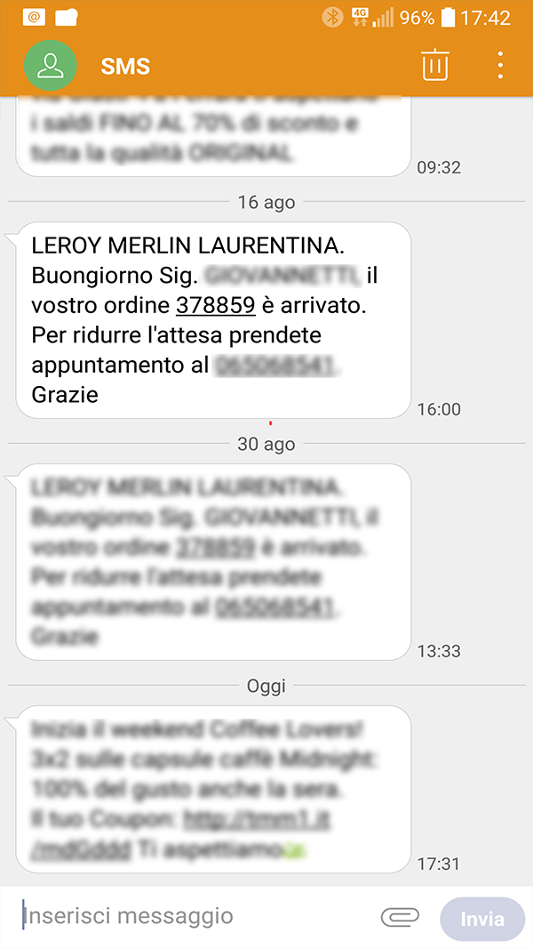 SMS Leroy Merlin: avviso ordine pronto al ritiro