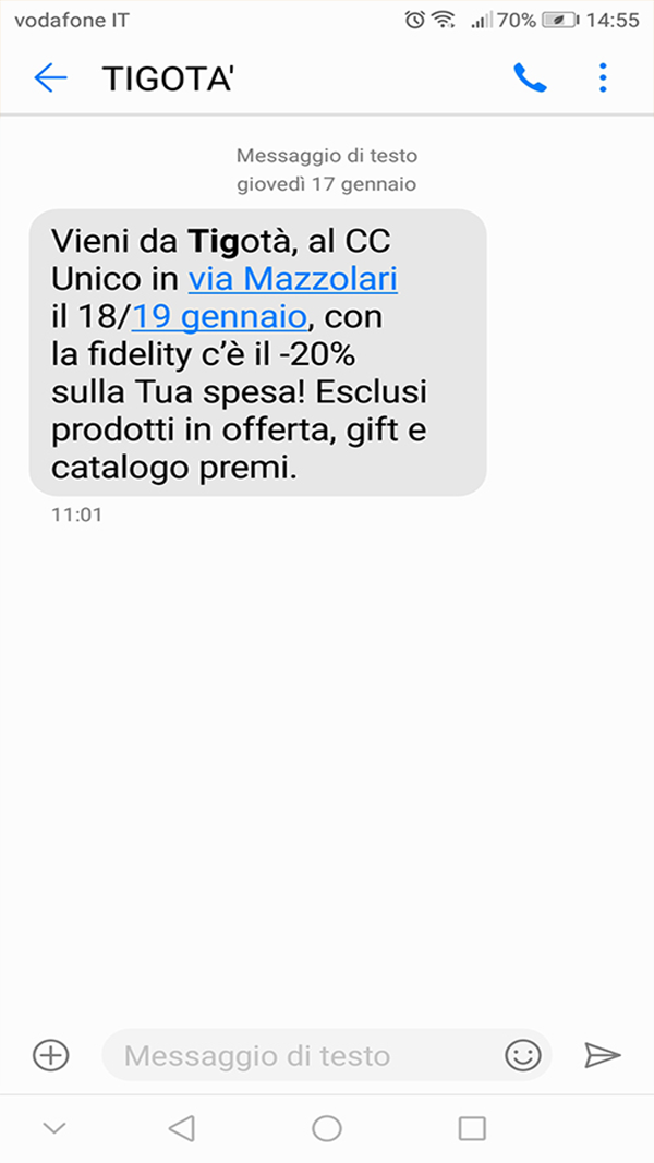 SMS Tigotà: Sconto per clienti Fidelity Card